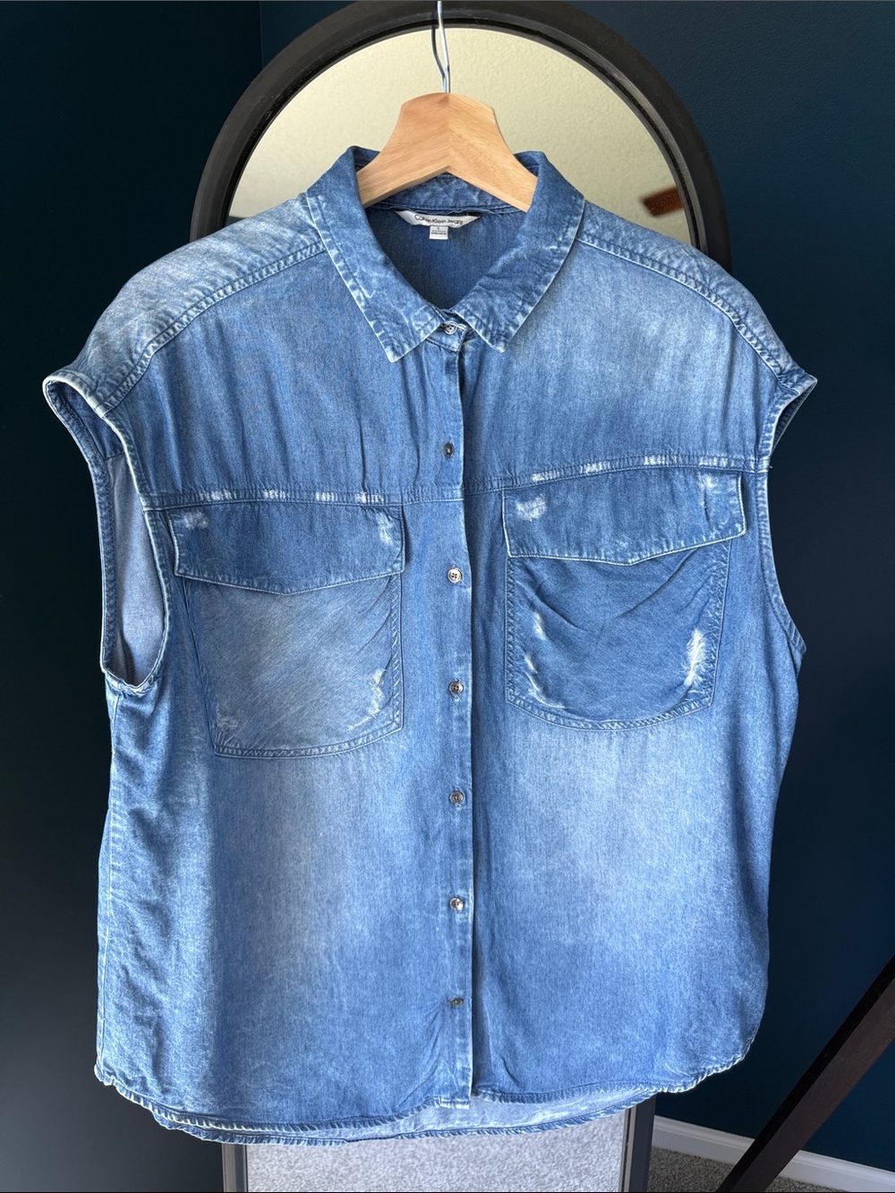 Calvin Klein Jeans Light Blue flowy sleeveless viscose “Denim” Shirt